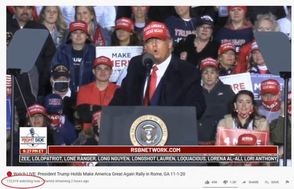  TRUMP SMASHES ONLINE AUDIENCE RECORDS! 177,474 Viewers Watch Trump Live at Georgia Rally — 1.7 MILLION Supporters Watch Trump Sunday Rallies on RSBN