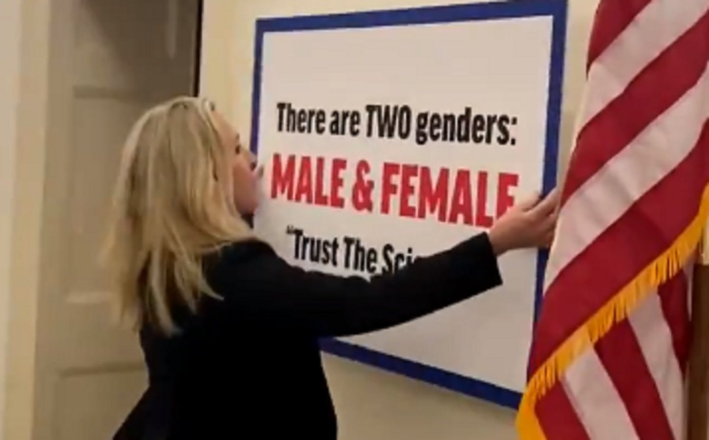  WAR: Rep. Marjorie Taylor Greene Decorates Hall Outside Her Office After Dem Rep. Puts Up Trans Flag (VIDEO)