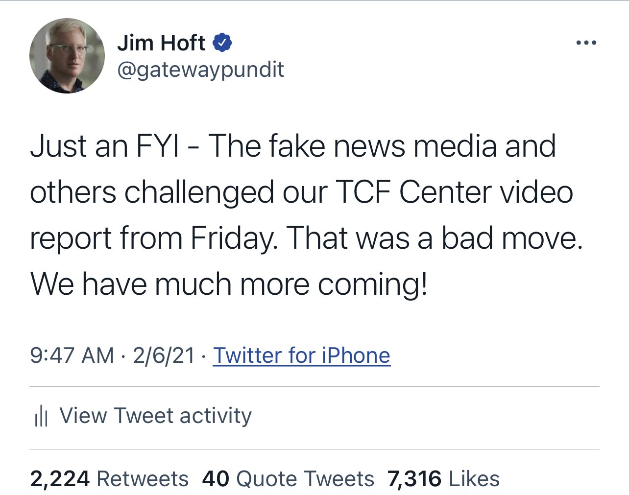  Gateway Pundit Suspended Indefinitely from Twitter After Announcing More Video of TCF Center Fraud Will Be Released in Coming Days