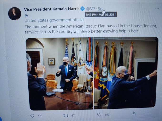  What’s Going On? Kamala Harris Posts, Deletes and then Reposts Cropped Photos of Joe Biden Celebrating $1.9 Trillion American Rescue Plan