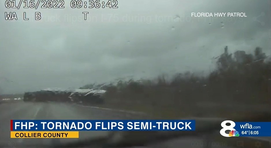  Bad Weather in Florida – Multiple Tornados Cross State Flipping Semi-Truck and Trailer